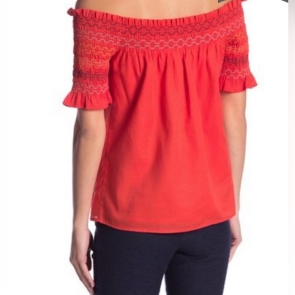 Trina Turk Flame Red Smocked Embroidered Top - Picture 4 of 6